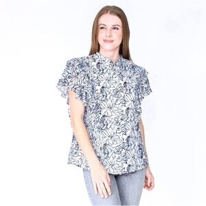 Anthropologie x Dina Agam Lace Flutter Top Blue floral size Medium womens ruffle